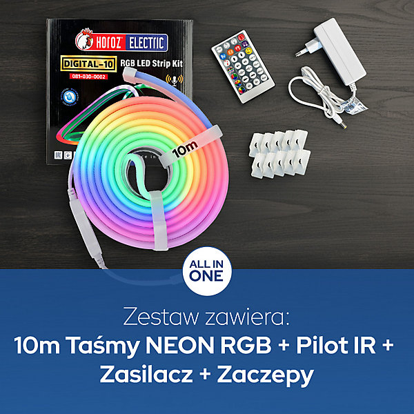 Bande LED RGB néon 24 V 10 W/m 200 lm/m IP65 avec contrôleur alimentation et télécommande rouleau 10 m DIGITAL-10 HOROZ