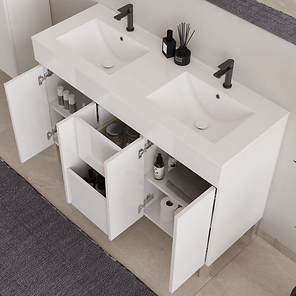 Meuble sous vasque seul, 2 tiroirs et 4 portes, 120cm, simple vasque - blanc brillant - HARO