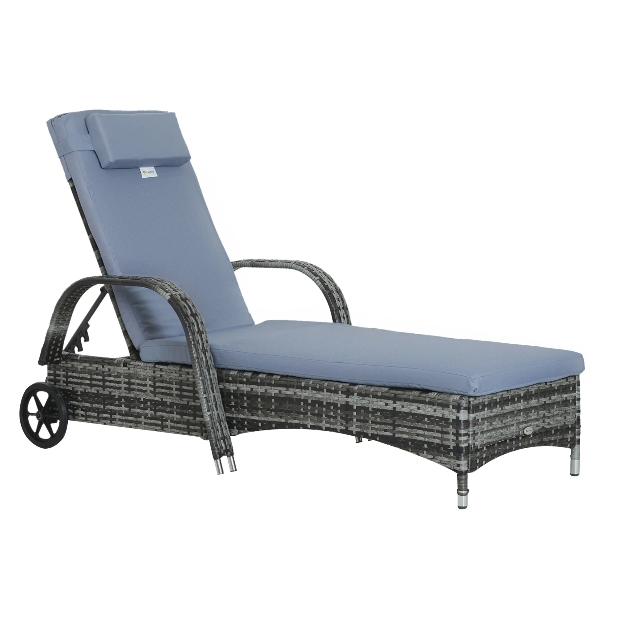 Outdoor Rattan Chaise Lounge Chair with Wheels, Cushions, Headrest and Adjustable Backrest for Poolside Patio Garden