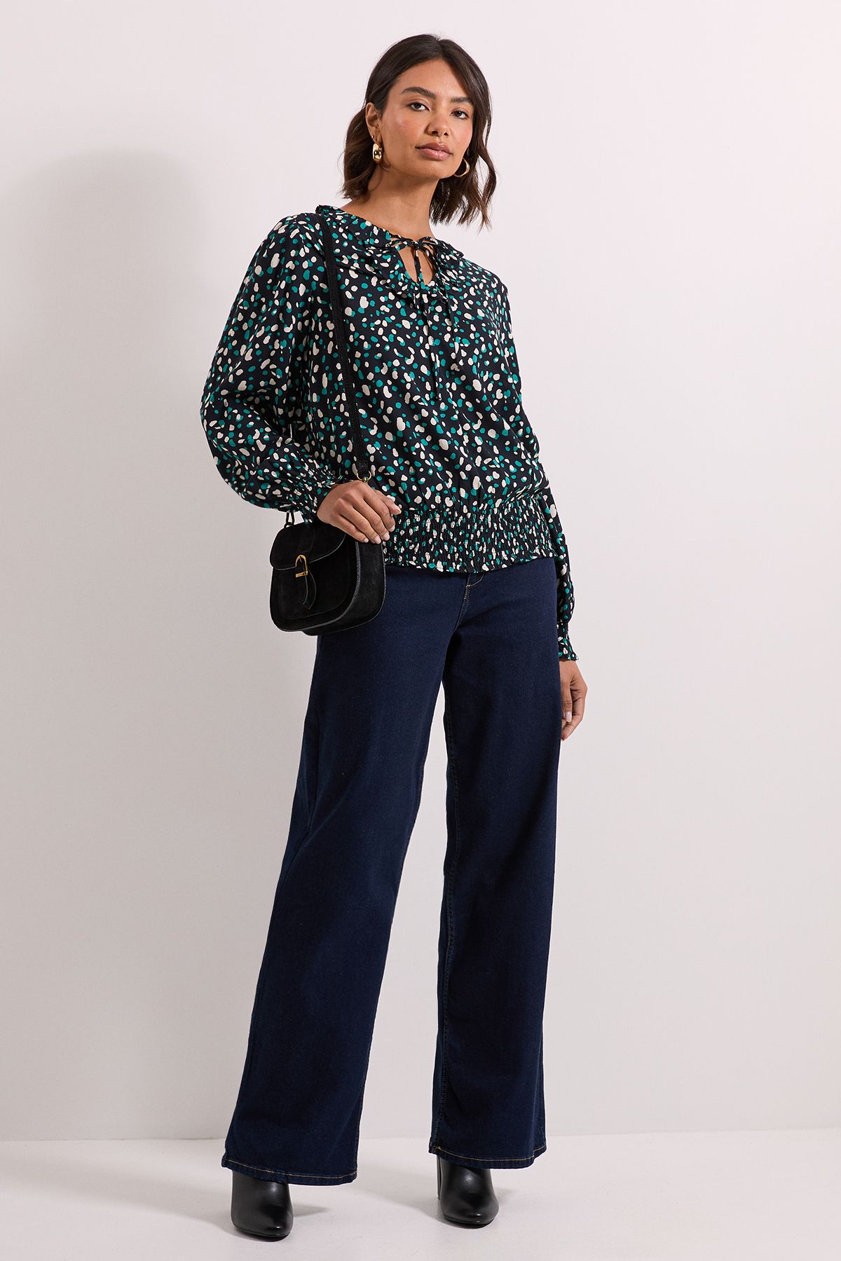 Dorothy Perkins Abstract Shirred Hem Tie Front Long Sleeve Top