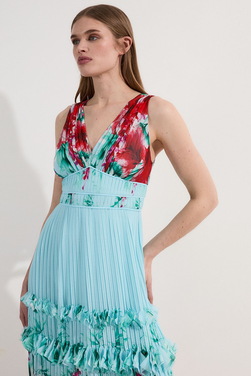 KarenMillen Floral Pleat Detail Strappy Woven Midi Dress