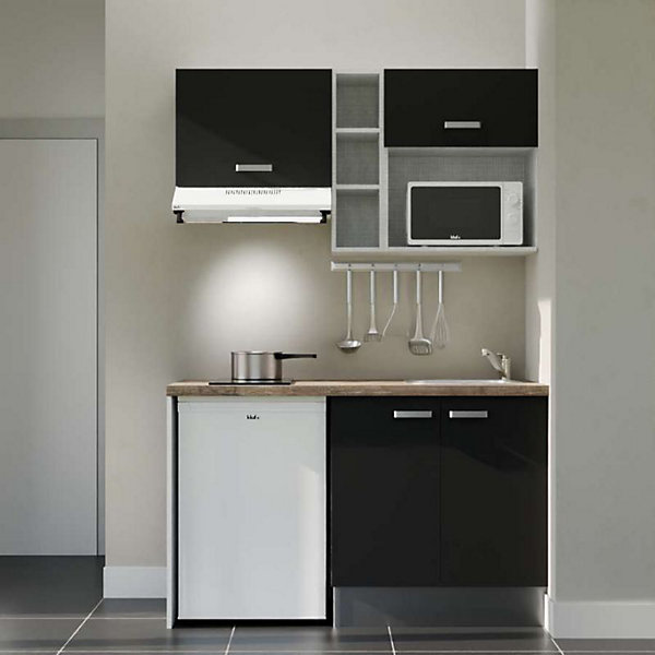 Kitchenette K13 façades Noir - Plan de travail Bois - Crédences : Non - Evier inox - Electroménager Blanc inclus