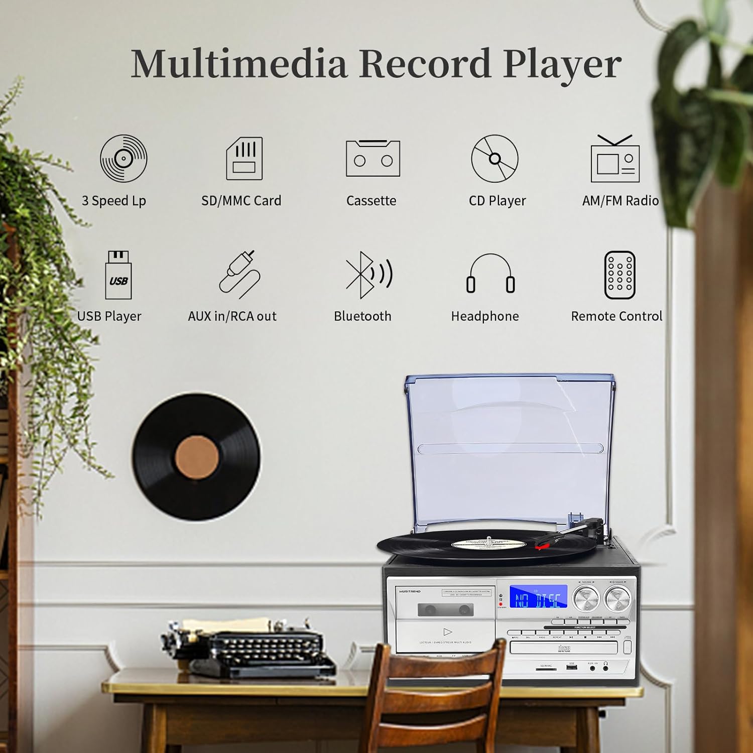 9 in 1 Record Player with External Speakers 3 Speed Bluetooth Turntable Vinyl Player with CD/Cassette Play AM/FM Radio  USB SD/MMC Play  Aux-in/RCA Line Out