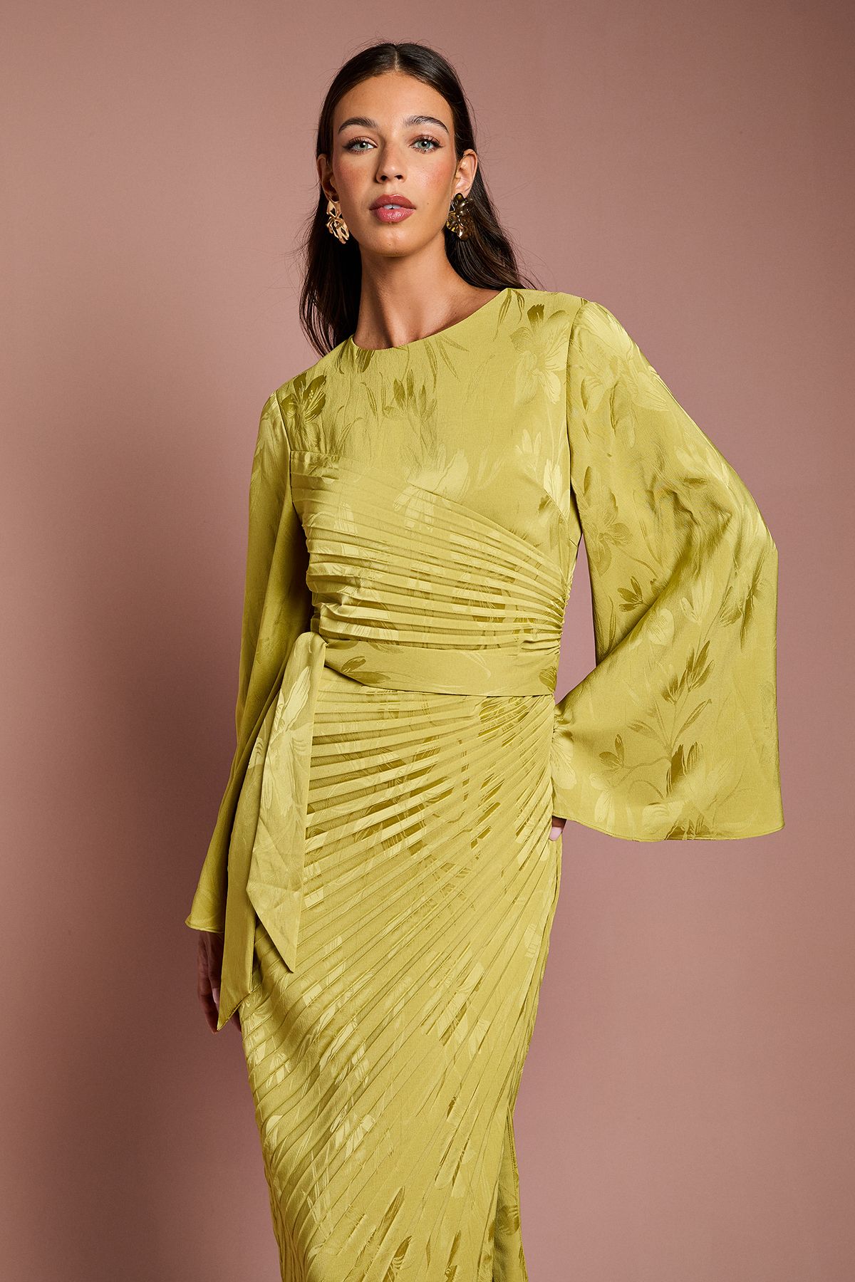 Coast Long Flare Sleeve Pleated Jacquard Midi Dress