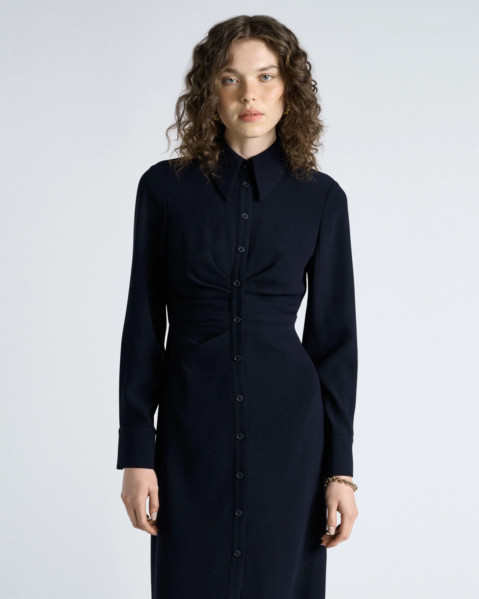 Dark Ink Crepe Ruched Shirt Dress