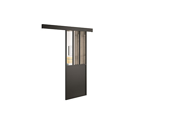 Kit porte 830 atelier noir verre clair avec rail bandeau decor assorti