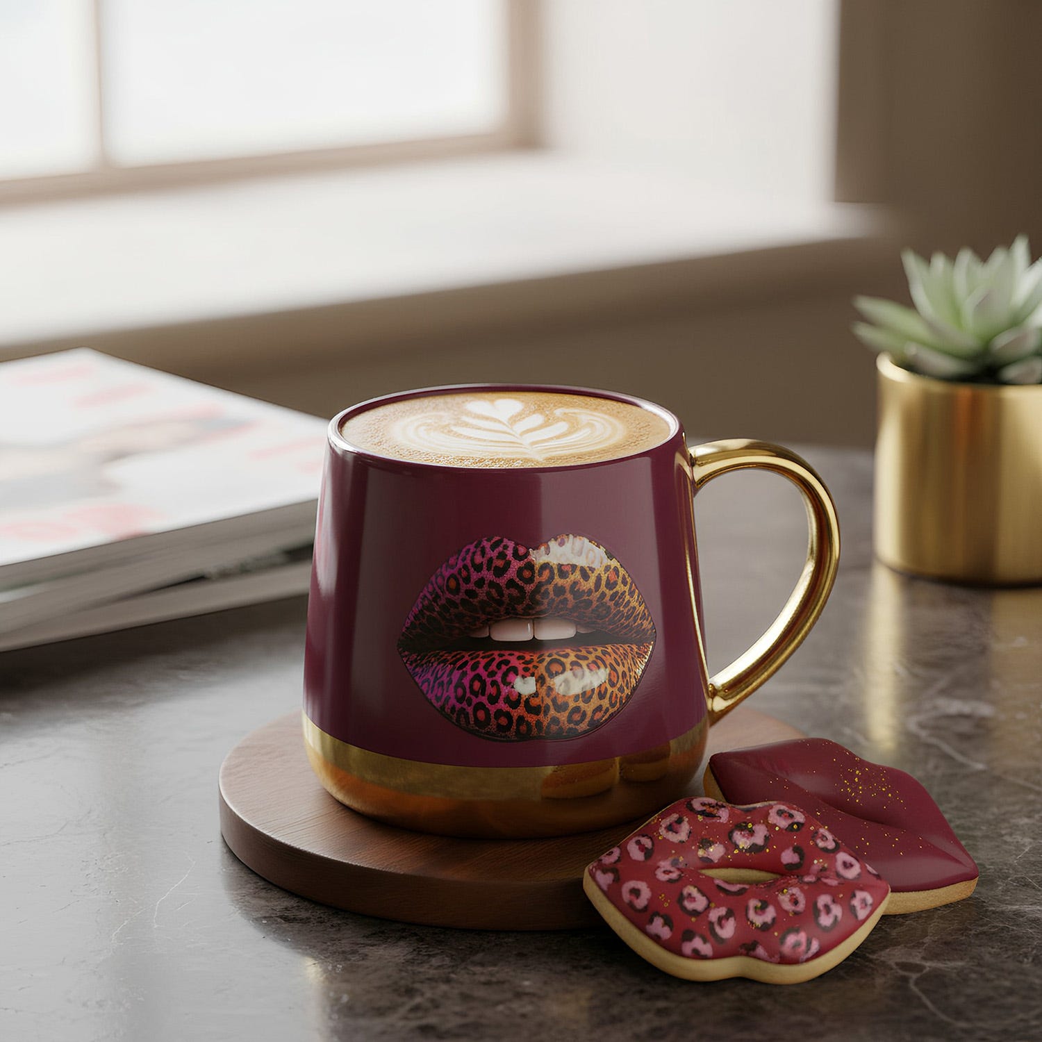Tazza ceramica 360 ml labbra leopardate marrone oro