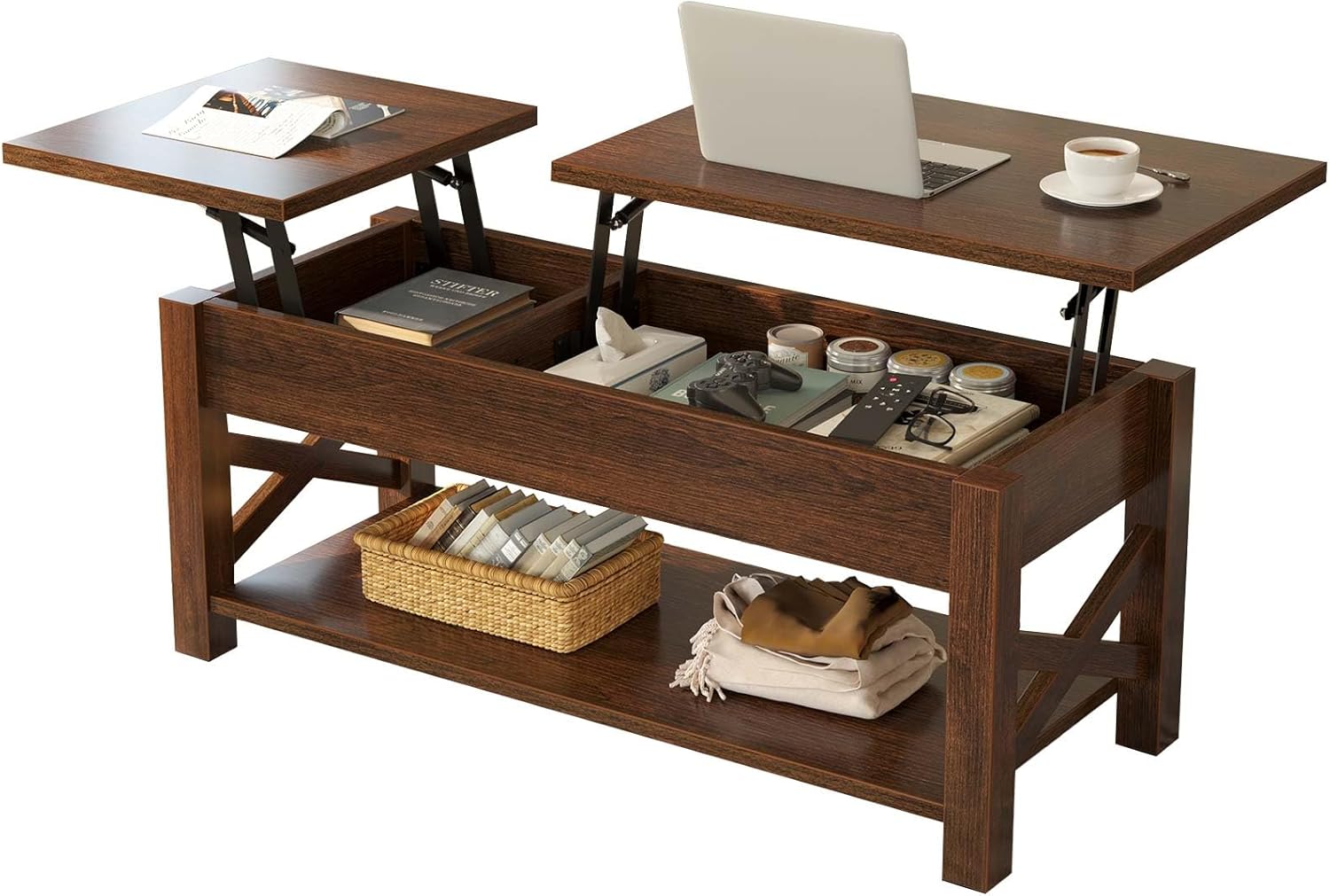 Rolanstar Coffee Table, 47.2 Lift Top with Hidden Compartment, 2 Way Lift Top Coffee Table with Open Shelf & X Wooded Support, Farmhouse Center Table for Living Room, Espresso
