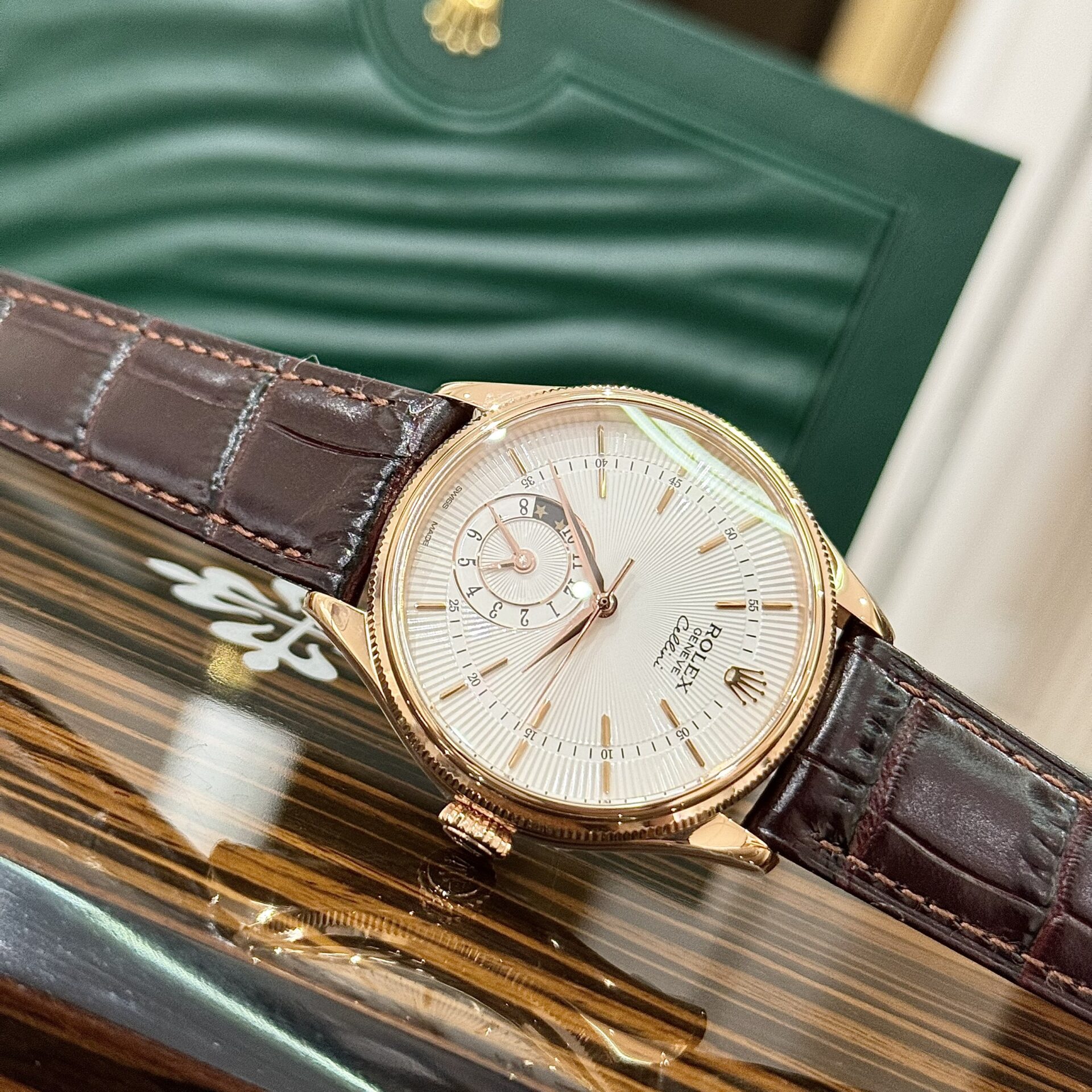 Rolex Cellini 50525 RG Plated White Dial 39mm Brown Leather AAA Replica