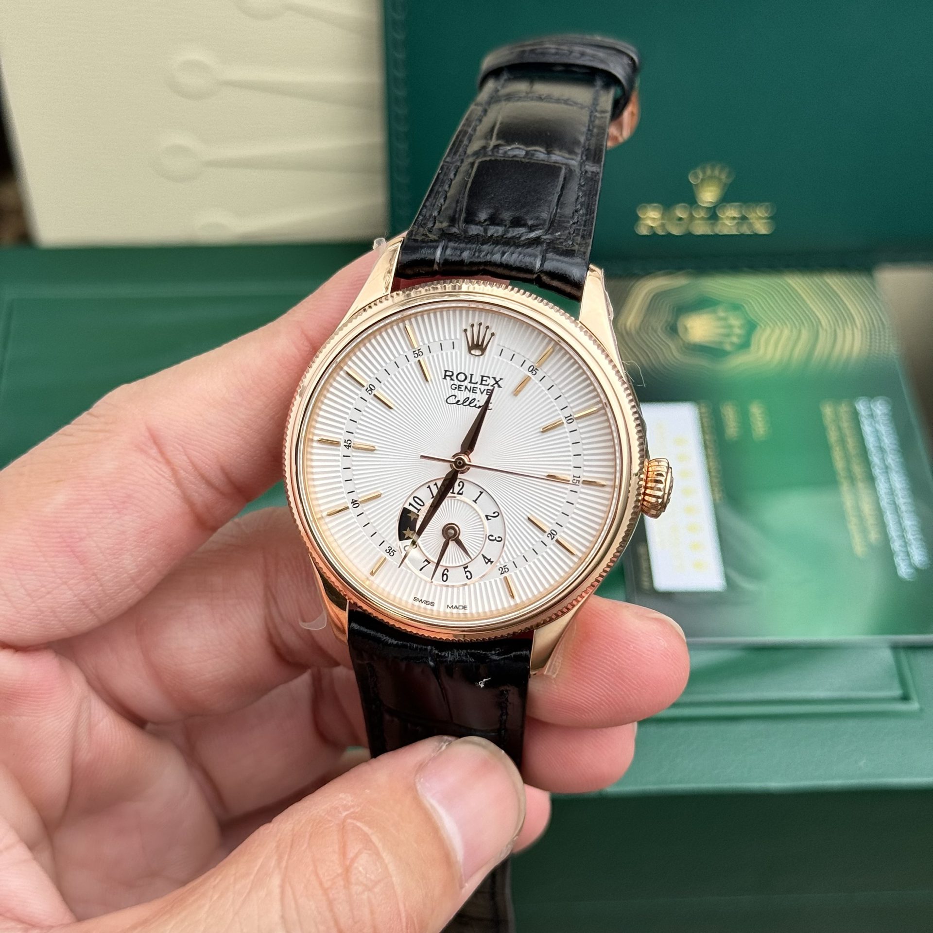 Rolex Cellini 50525 RG Plated White Dial 39mm Leather AAA Replica