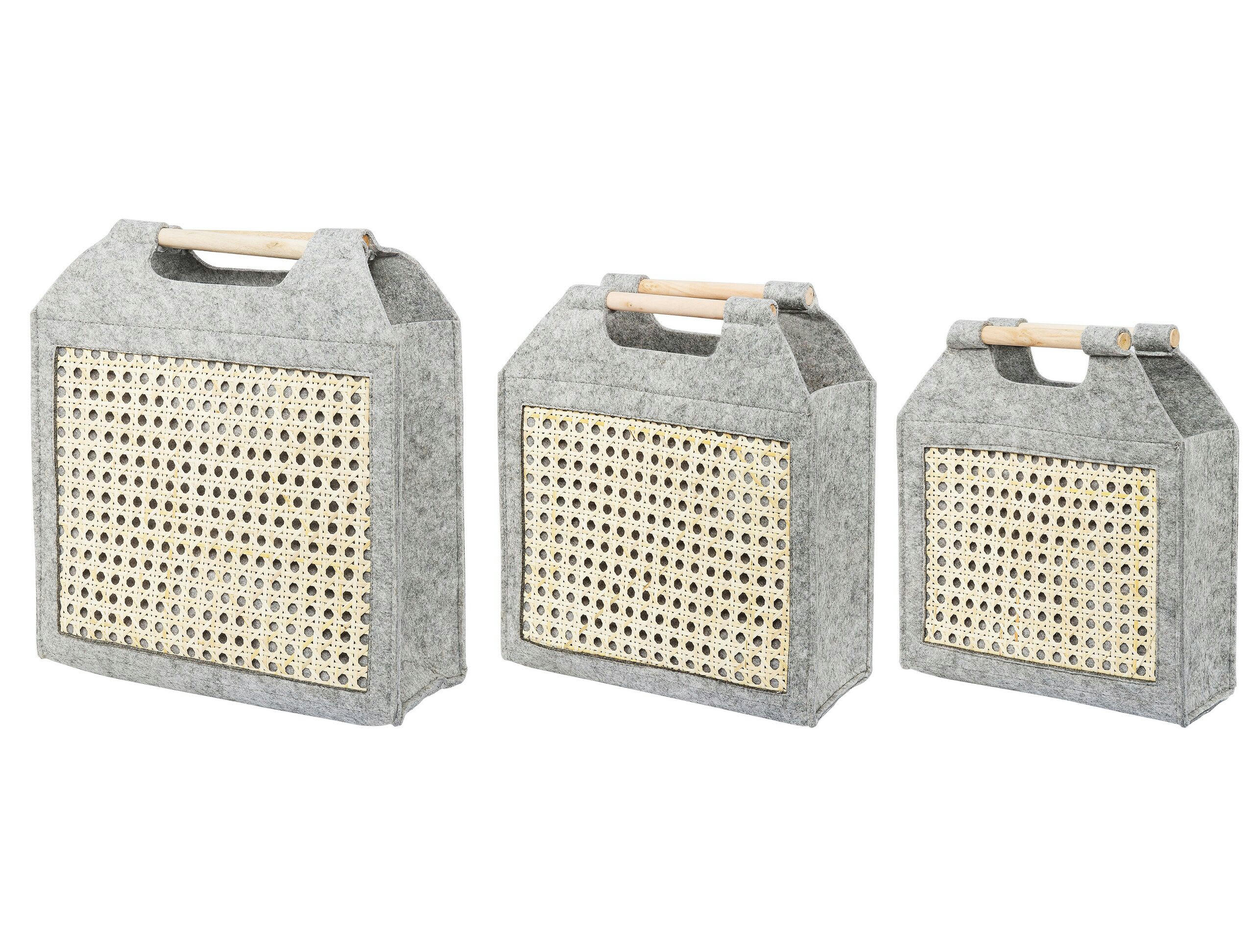 SARIOT - Lot de 3 corbeilles textiles gris clair