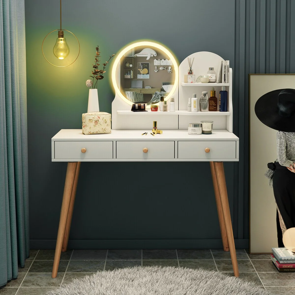 Fashion Vanity Desk with Mirror and Lights for Makeup