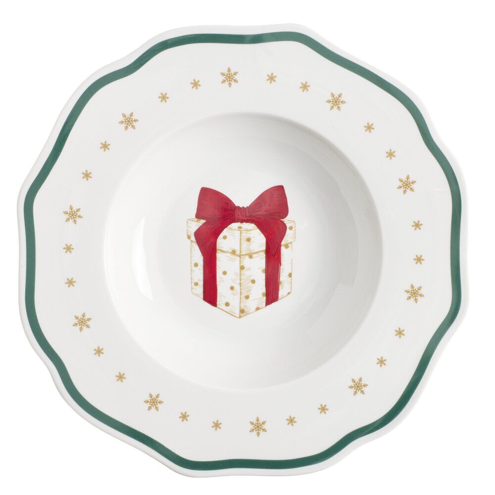 Assiette creuse imprimé boule de No&euml;l contour vague bleu faïence Ø22 cm