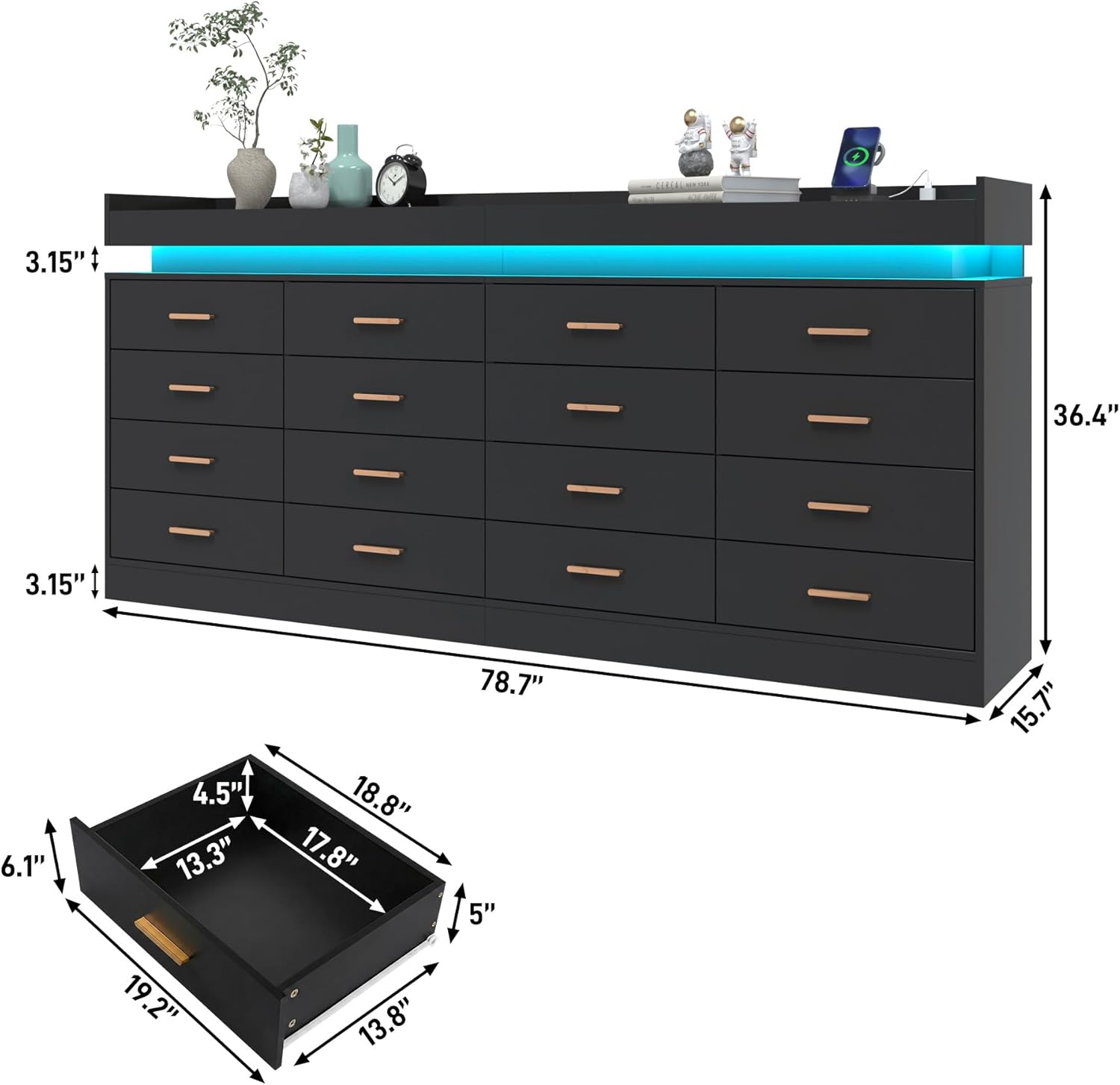 16 Drawer Dresser with LED Light and Charging Station, Modern Chest of Drawers for Closet, Wide Drawer Organizer Cabinet, Living Room, Entryway, Hallway, Black