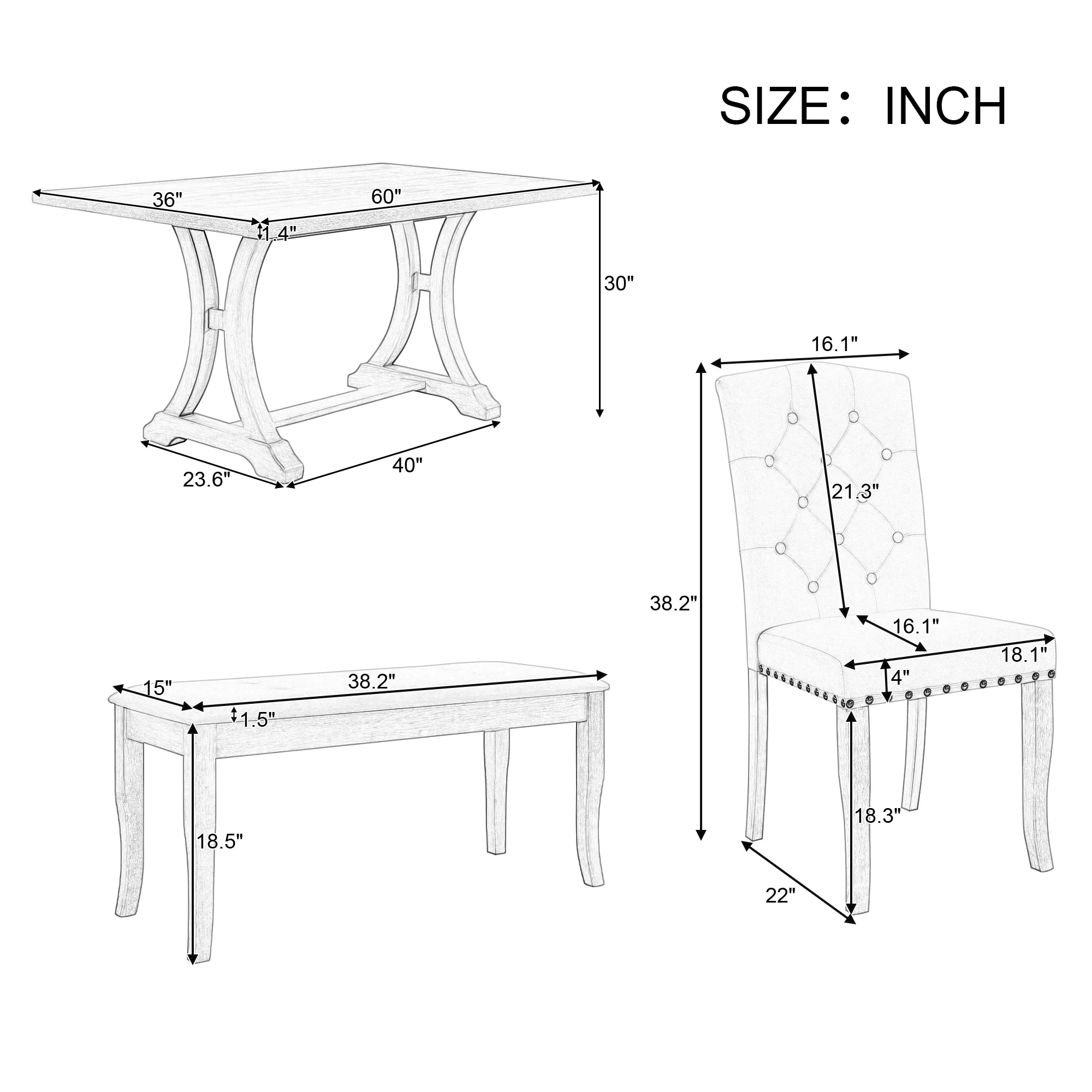 6-Piece Farmhouse Dining Table Set, Rectangular Trestle Table and 4 Upholstered Chairs & Bench for Dining Room