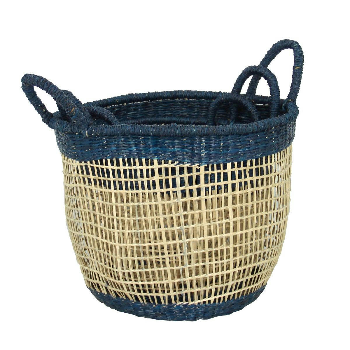 SEKONG - Set de 3 paniers naturel et bleu en jonc de mer