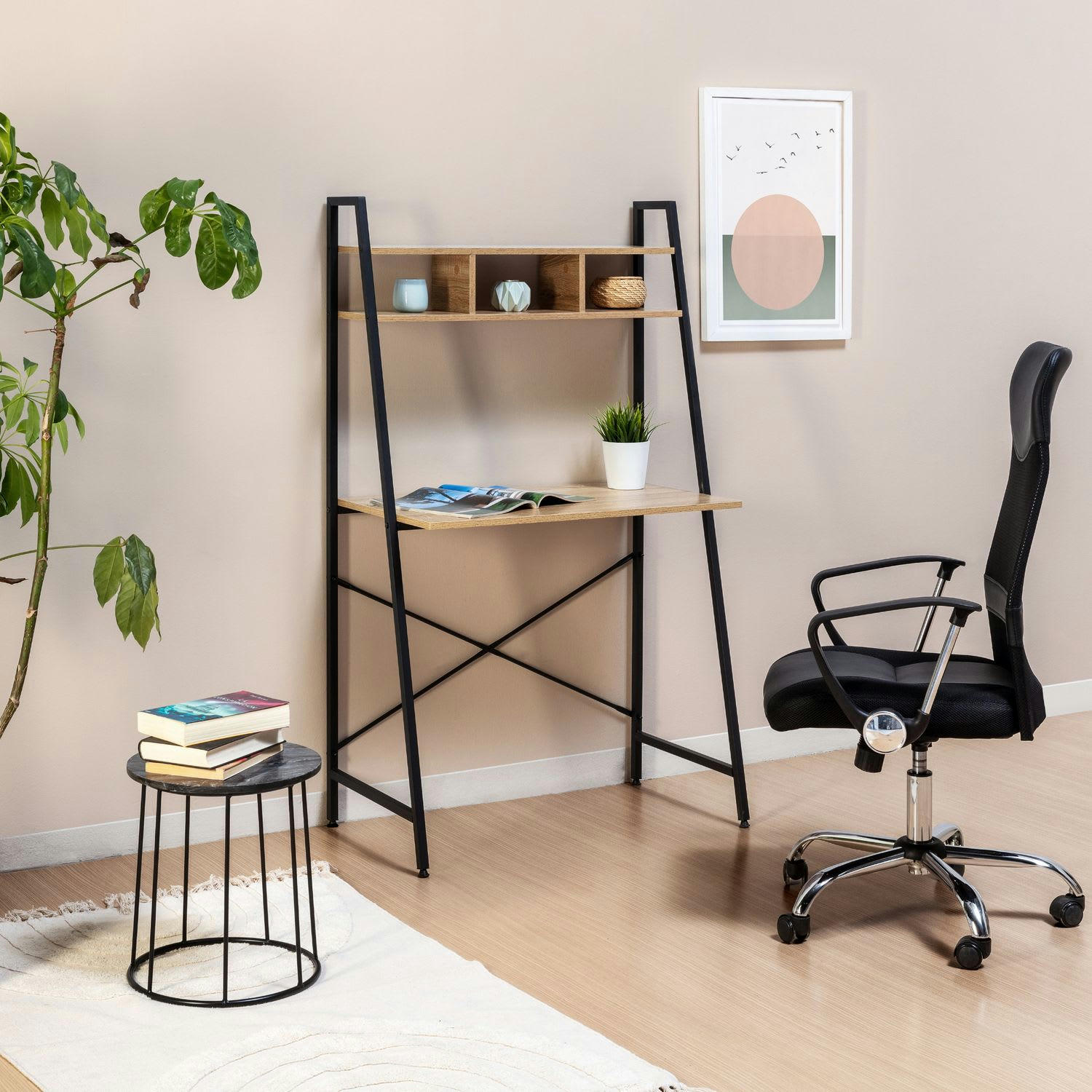 BLANCA - Bureau noir, 1 étagère, style industriel, 84 cm longueur