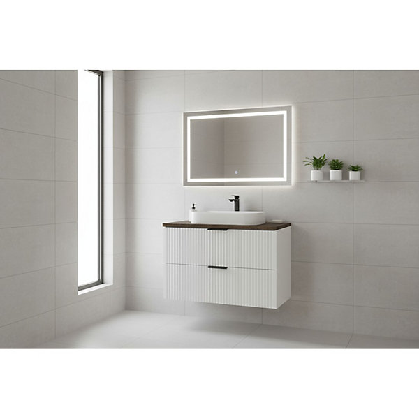 Ensemble de salle de bain NOXERA 80 cmMeuble sous vasque suspendu blanc alpin avec plan pour vasque effet bois épicéa