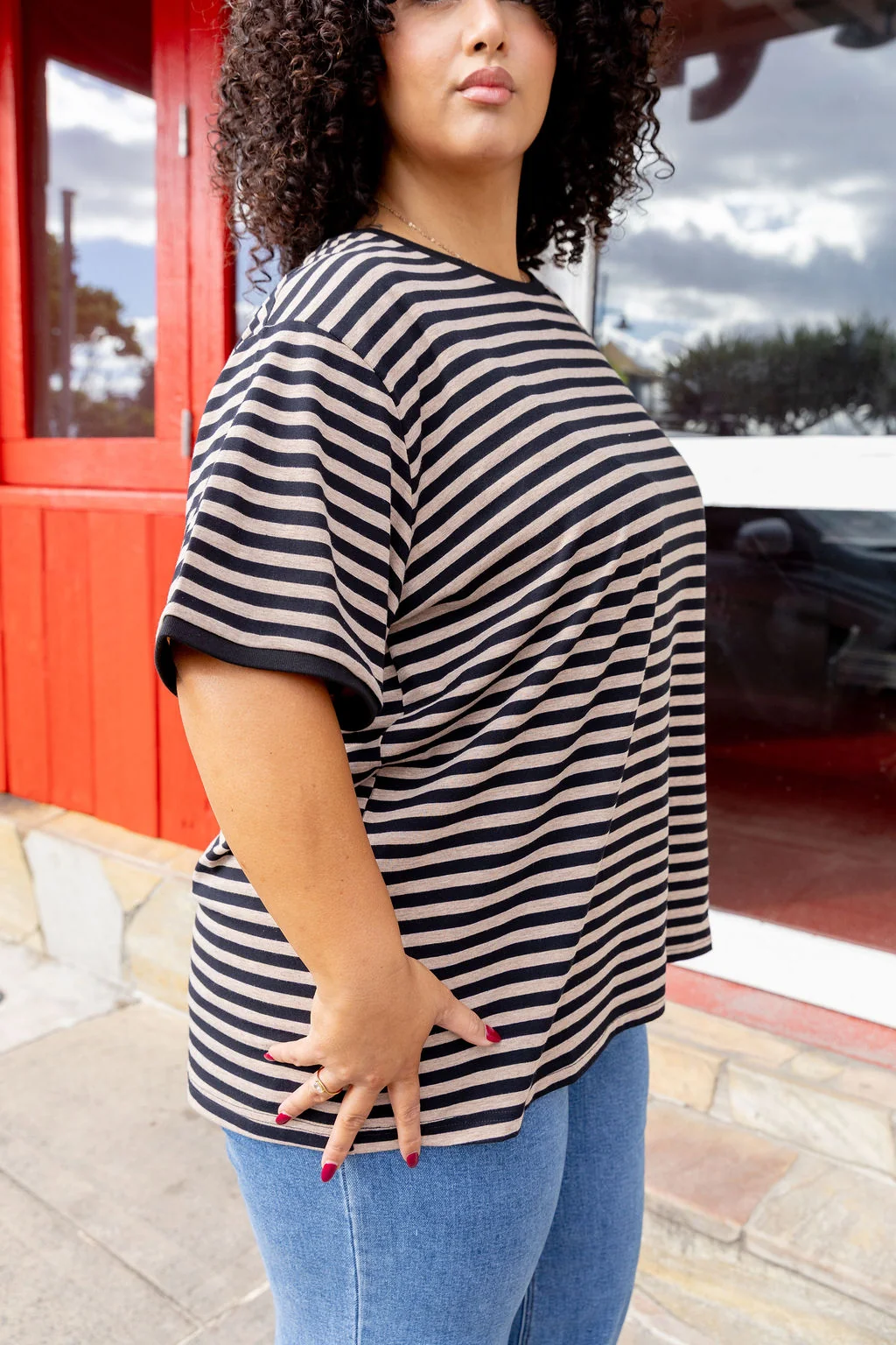 Striped Tee in Black/Oat Marle