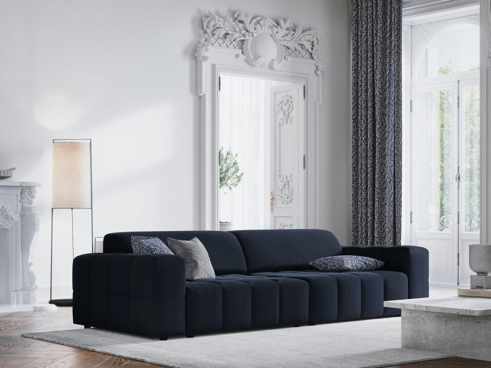 LUC - Canapé 4 places en tissu velours bleu foncé