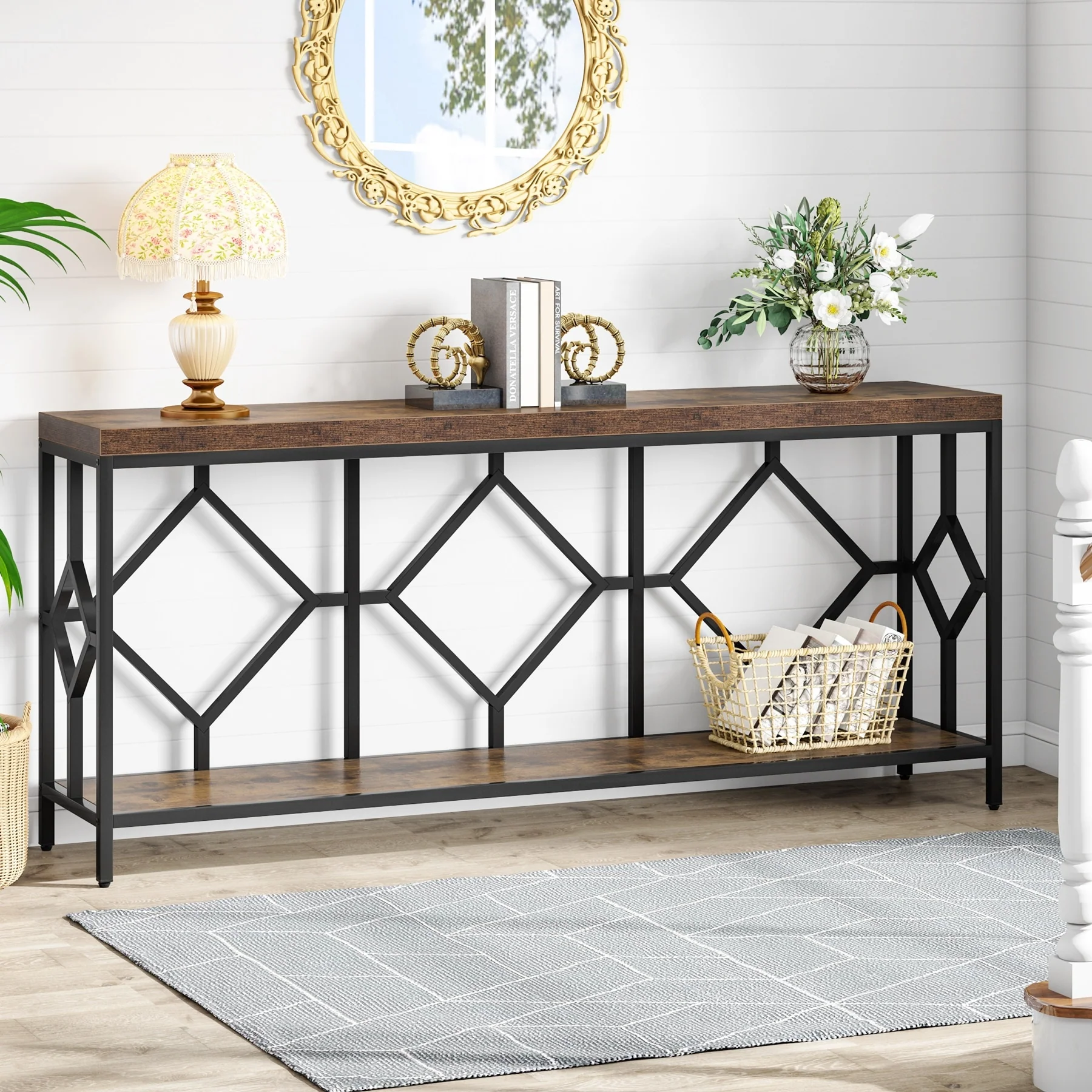 71 Inch Extra Long Console Table, Industrial Narrow Sofa Table Entry Table Behind Couch Table with Open Storage Shelf
