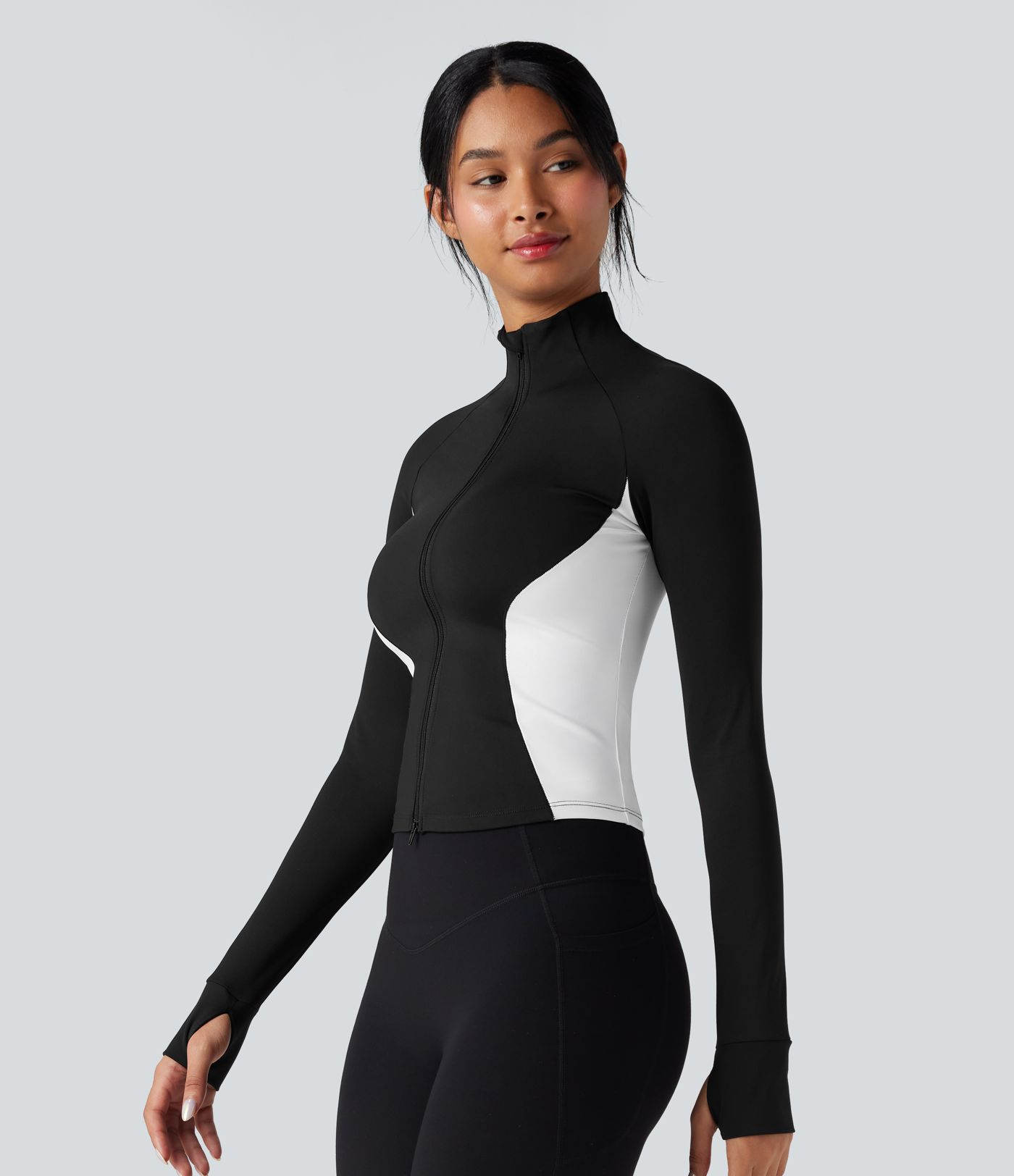 Veste yoga SoftlyZero™ Airy col montant manches longues passe-pouces color block effet frais InstantCool, protection solaire UPF50