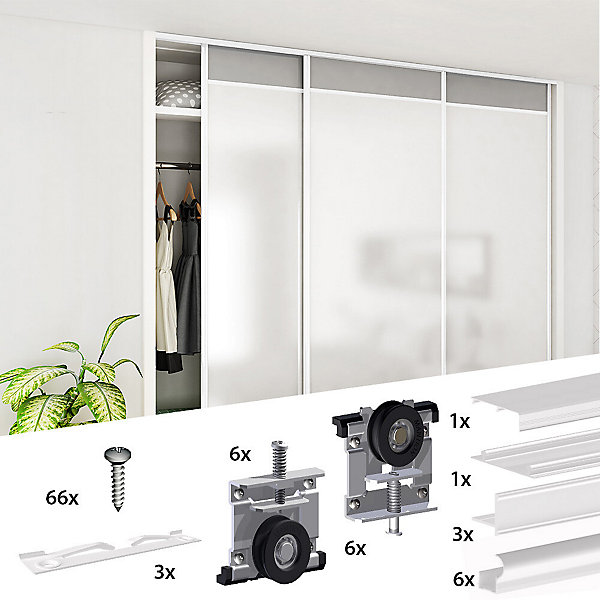 Kit SLID'UP 220 aluminium blanc pour 3 portes de placard coulissantes 18 mm - rail 2,7 m - 70 kg
