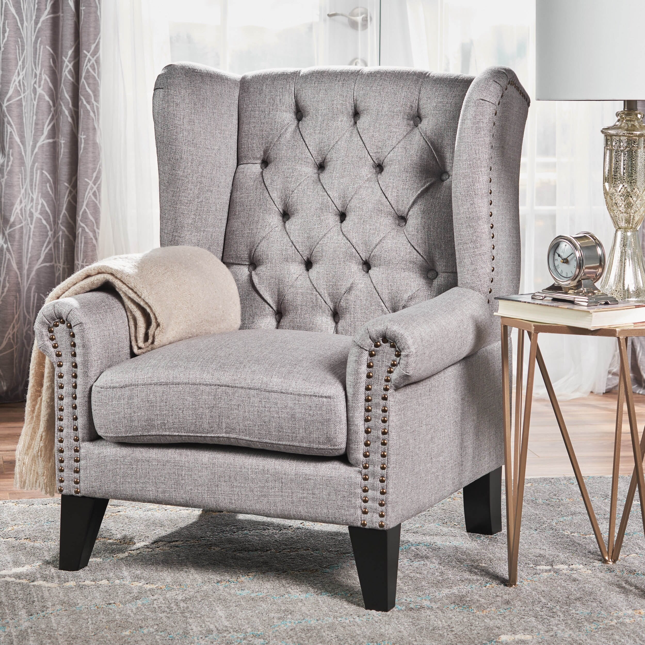 Roomfitters Tufted Wingback Accent Chair, Upholstered Armchair with Nailhead Trim and Solid Wood Legs