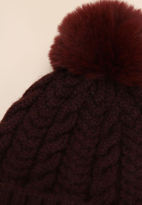 Womens Burgundy Cable Knit Bobble Hat