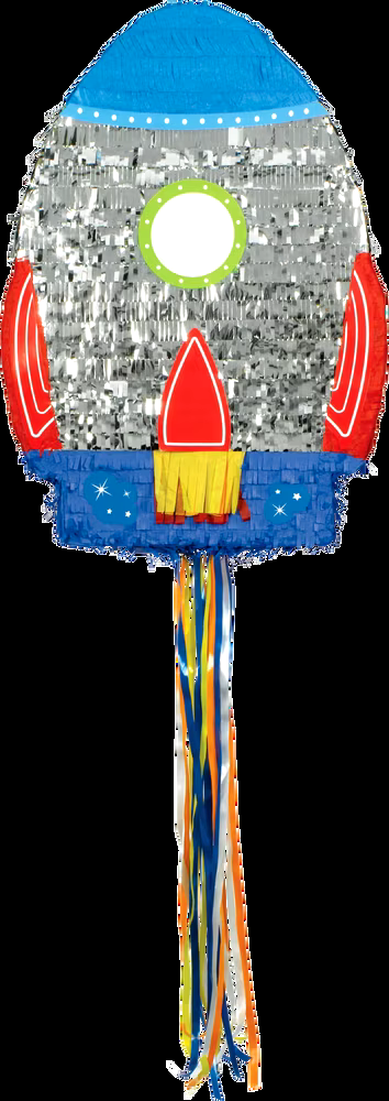 Blast Off Rocketship Pinata Hanging Pull String Decoration, Silver/Blue, 22-in, Holds 2lb of Pinata Filler, for Birthday Parties