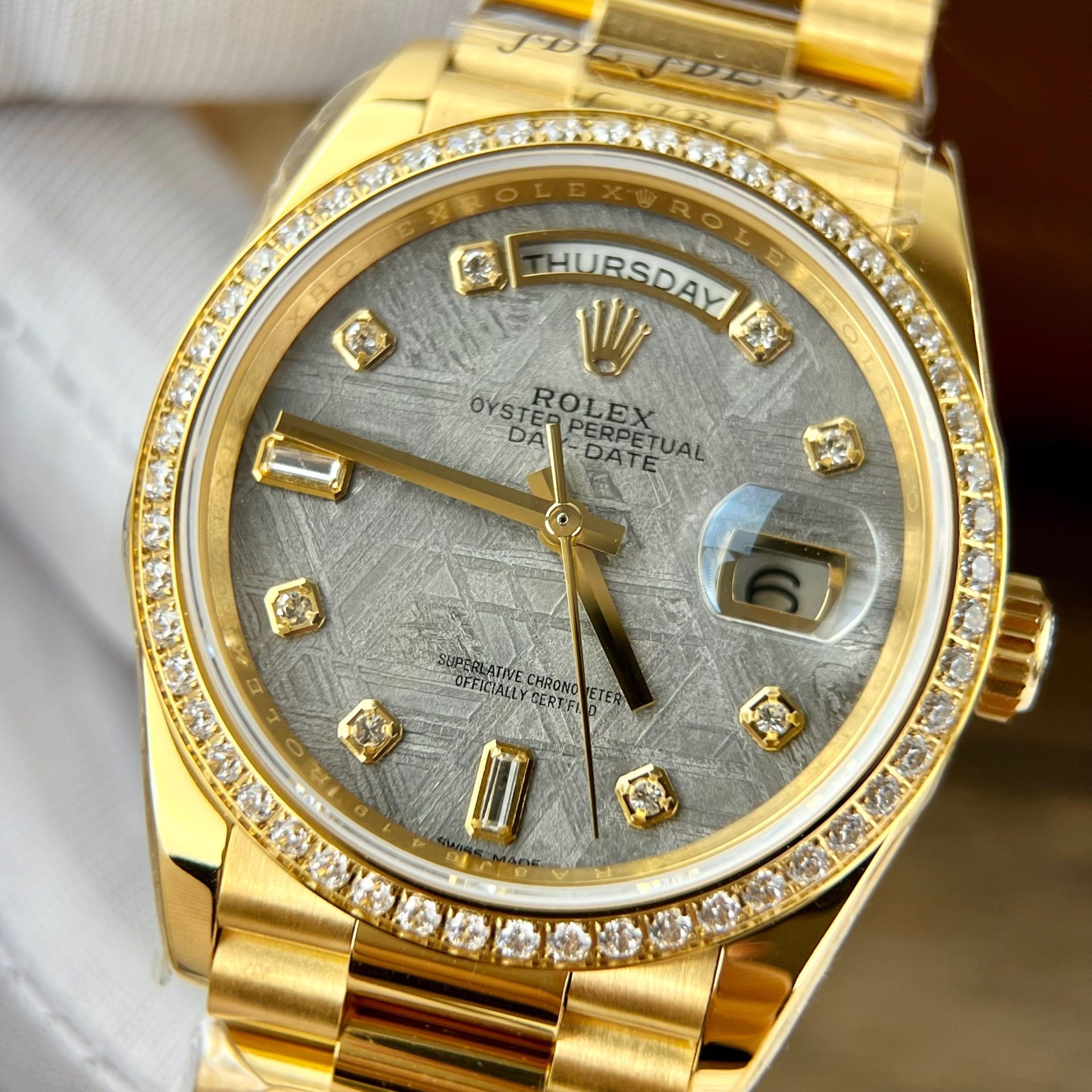 Rolex Day-Date YG Plated Meteorite Dial CZ Diamonds 36mm Super Clone