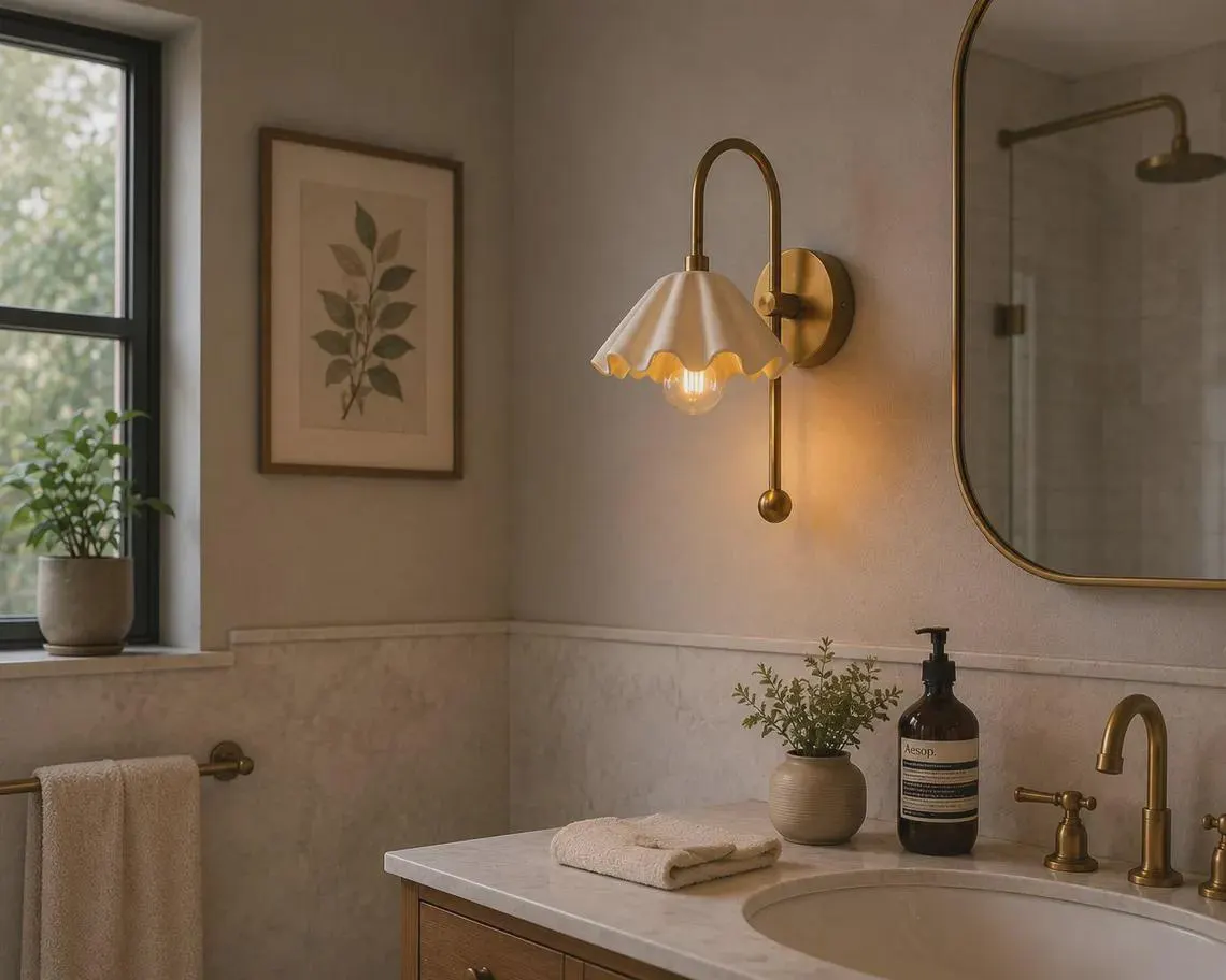 Handcrafted Brass Ruffle Wall Sconce, Cream Scalloped Shade, Mid-Century Modern Lighting