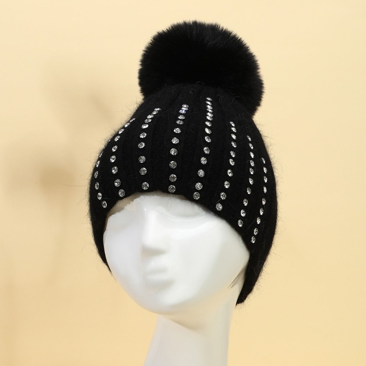 PEACH ACCESSORIES Crystals Studded Pompom Hat