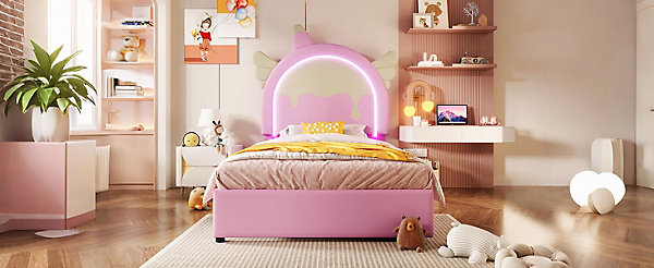 Lit Polster 90x200cm, Unicorne, Tiroirs, LED, Sans Matelas, Rose