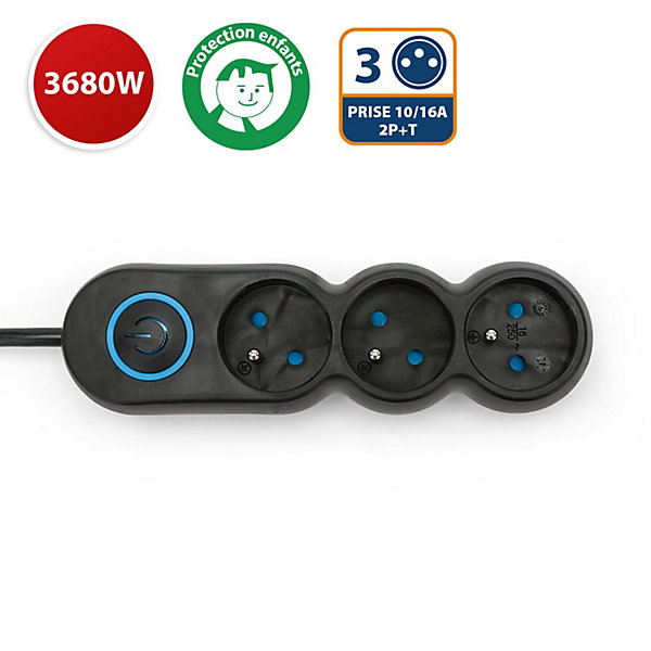 Multiprise française 3x16A, avec interrupteur, câble 1,5m, H05VV-F3G1.0MM2, CE, NF. Noir
