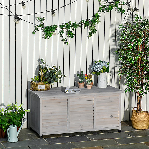 Coffre de rangement extérieur façade persienne - coffre jardin 283L - dim. 127 x 56 x 60cm - bois gris