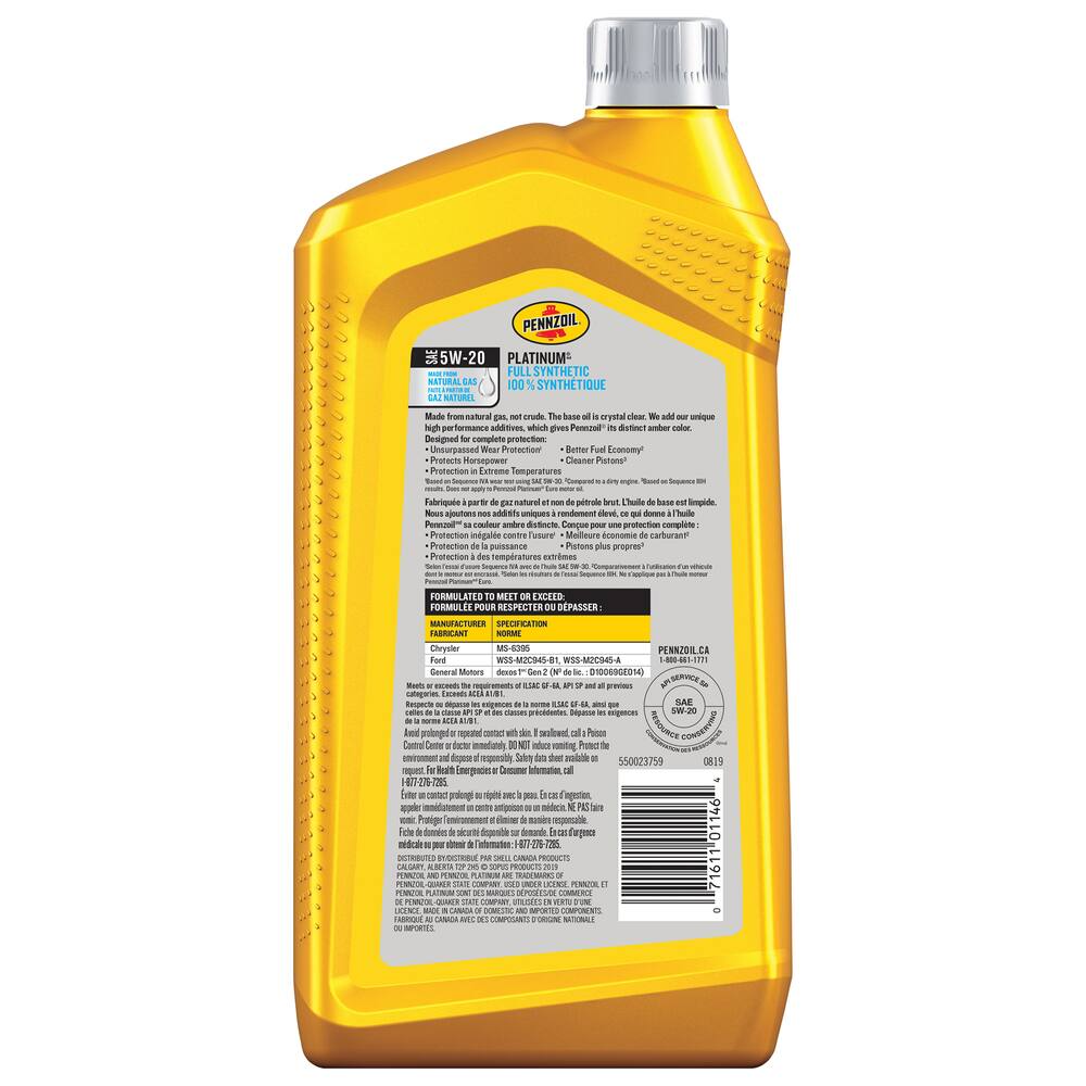 Pennzoil Platinum 5W20 Synthetic Engine/Motor Oil, 946-mL