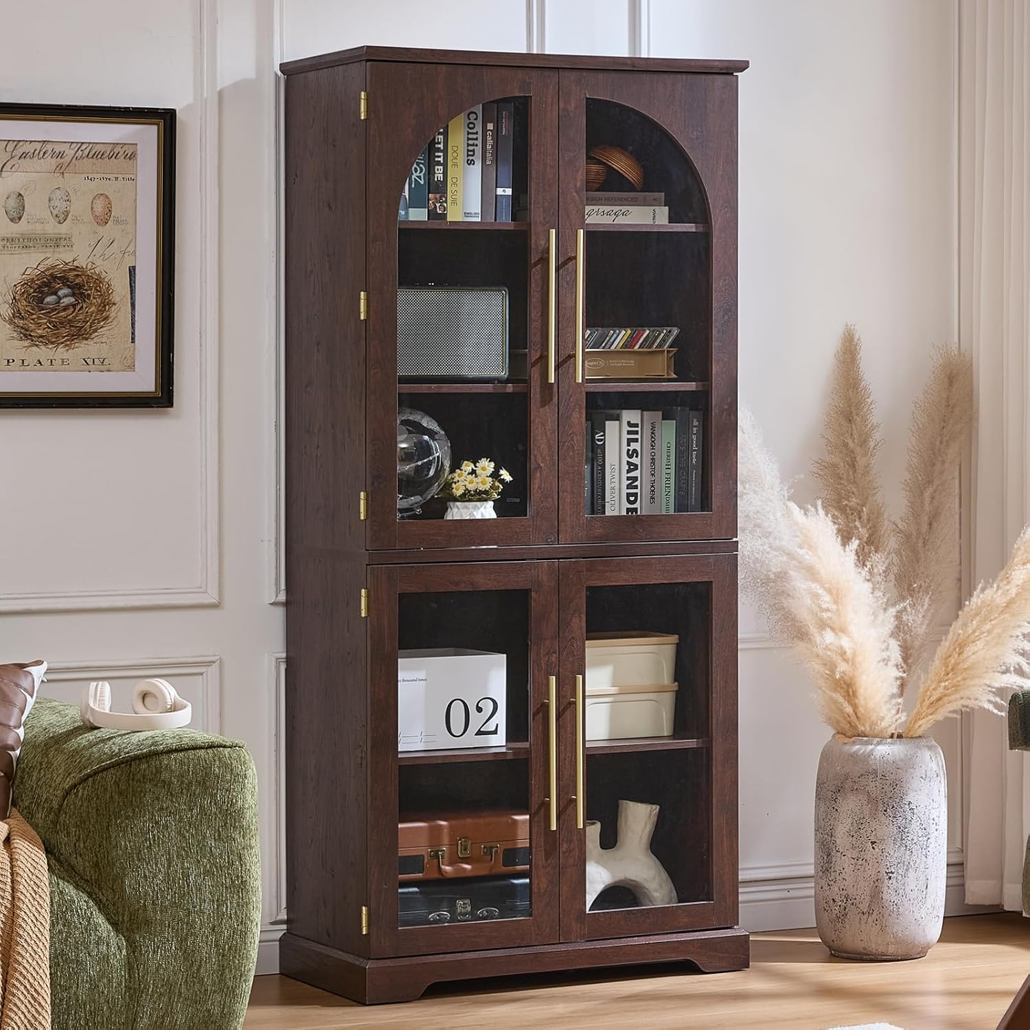 Joaxswe 72 Tall Bookshelf with 4 Curved Glass Doors, Farmhouse Bookcase with 3-Tier Adjustable Shelves, Modern Living Room Display Cabinet, Large Storage Cabinet for Home Office,Dining Room, Walnut