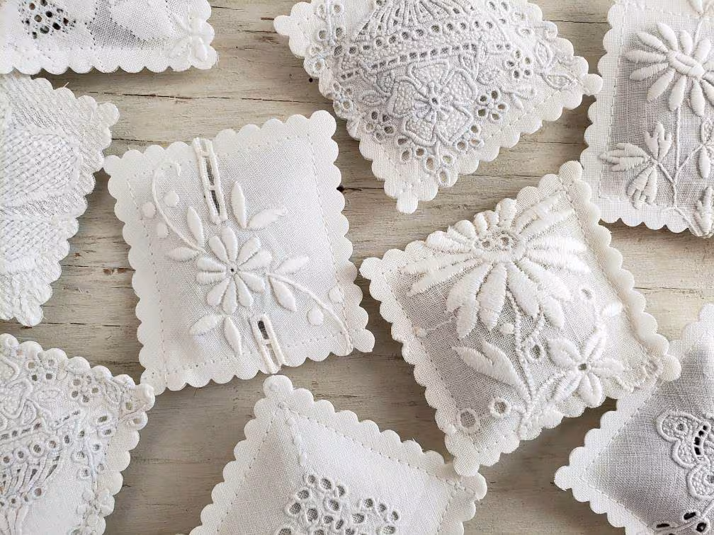 10 LAVENDER SACHETS White-On-White Embroidered Vintage Linens FREE Shipping Gift Idea