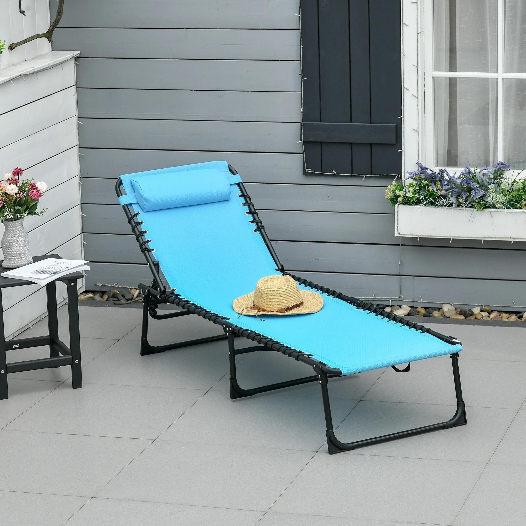 Outdoor Foldable Chaise Lounge Chair Sun Lounger with Adjustable Backrest for Beach Patio Poolside