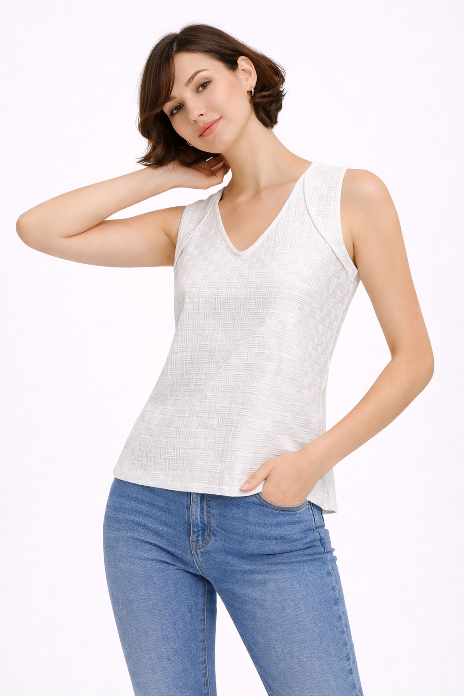 Cutie London Textured Sleeveless V-Neck Top