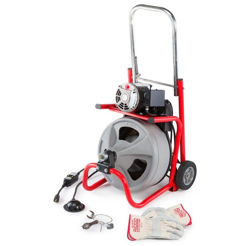K-400 Drain Cleaning Snake Auger 120-Volt Drum Machine with C-32IW 3/8 in. x 75 ft. Cable + 4-Piece Tool Set  Gloves 52363