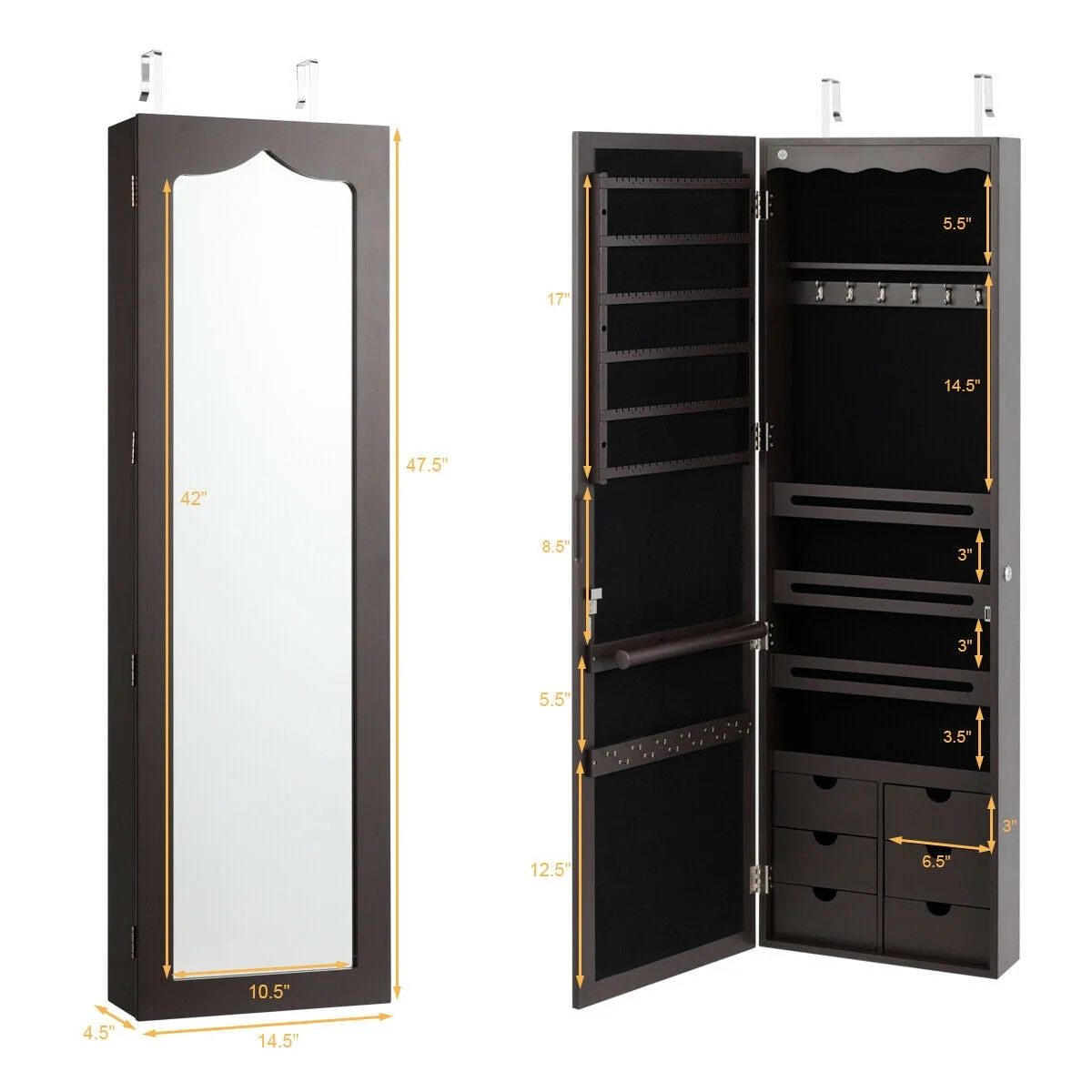 Gymax Lockable Wall Door Mounted Jewelry Cabinet LED Mirror Brown - See Details