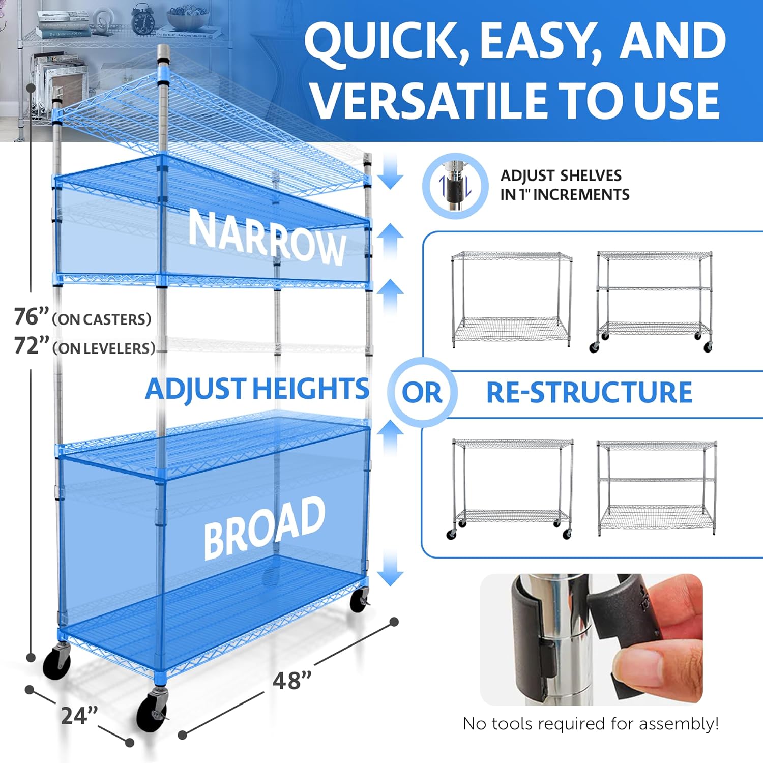 4000 LBS Heavy Duty Wire Rack, 48 x 24 x 76, 5-Tier NSF Commercial Rolling Rack with 4 Industrial Casters, Chrome Metal Wire Shelving for Garage, Kitchen, Adjustable Storage Shelf, Crescent