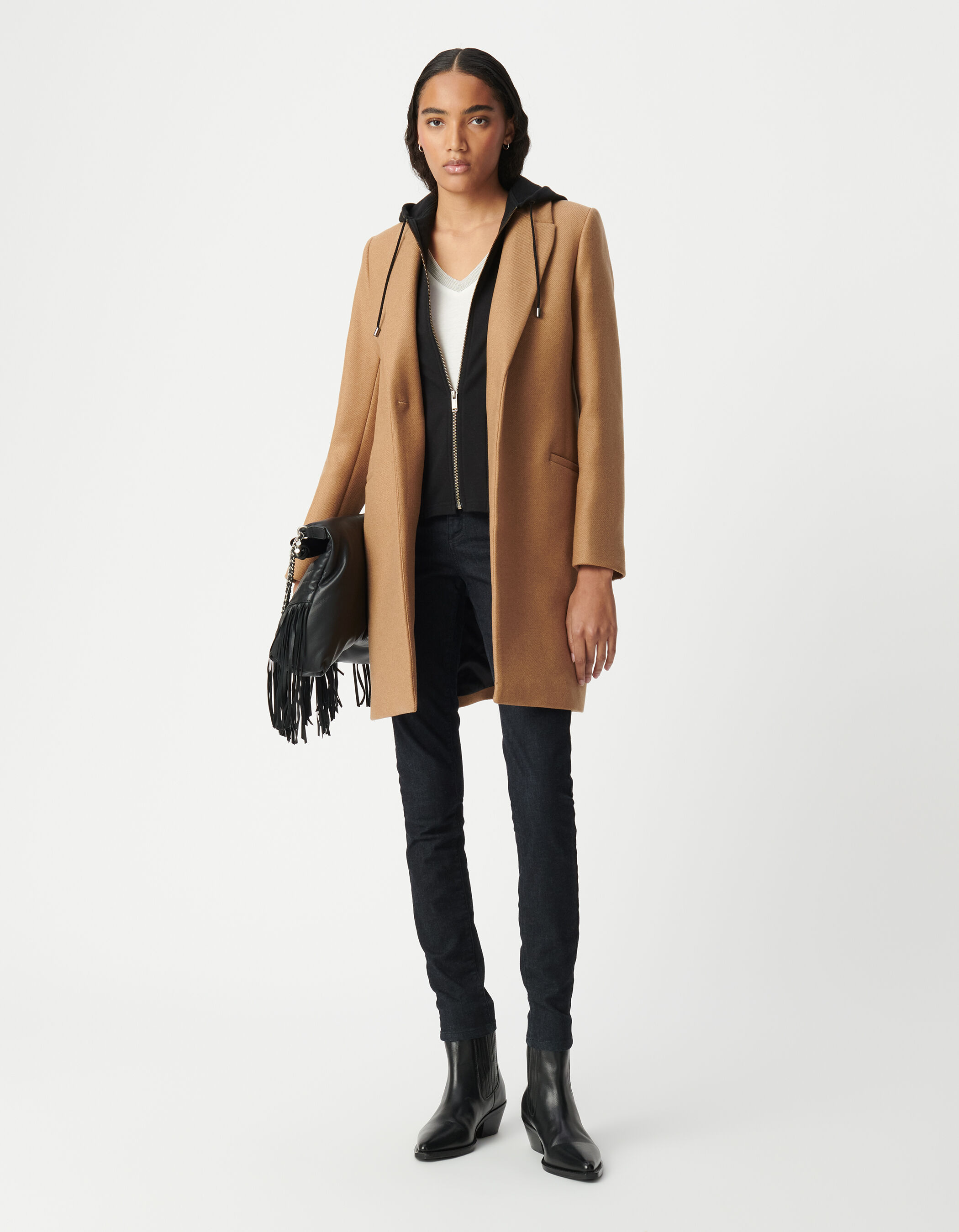 Manteau mi-long camel capuche amovible Femme