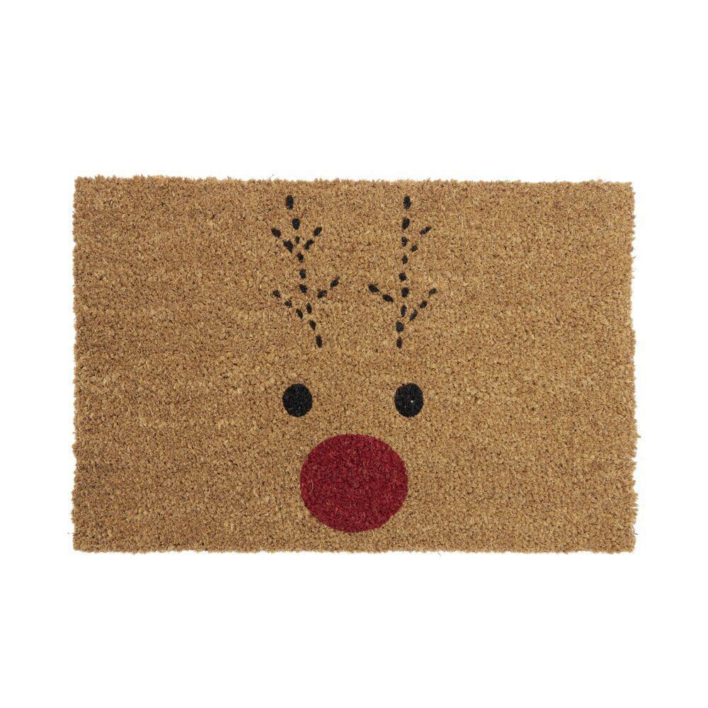 Tapis d'entrée No&euml;l rectangulaire coco motifs renne nez rouge 40x60cm