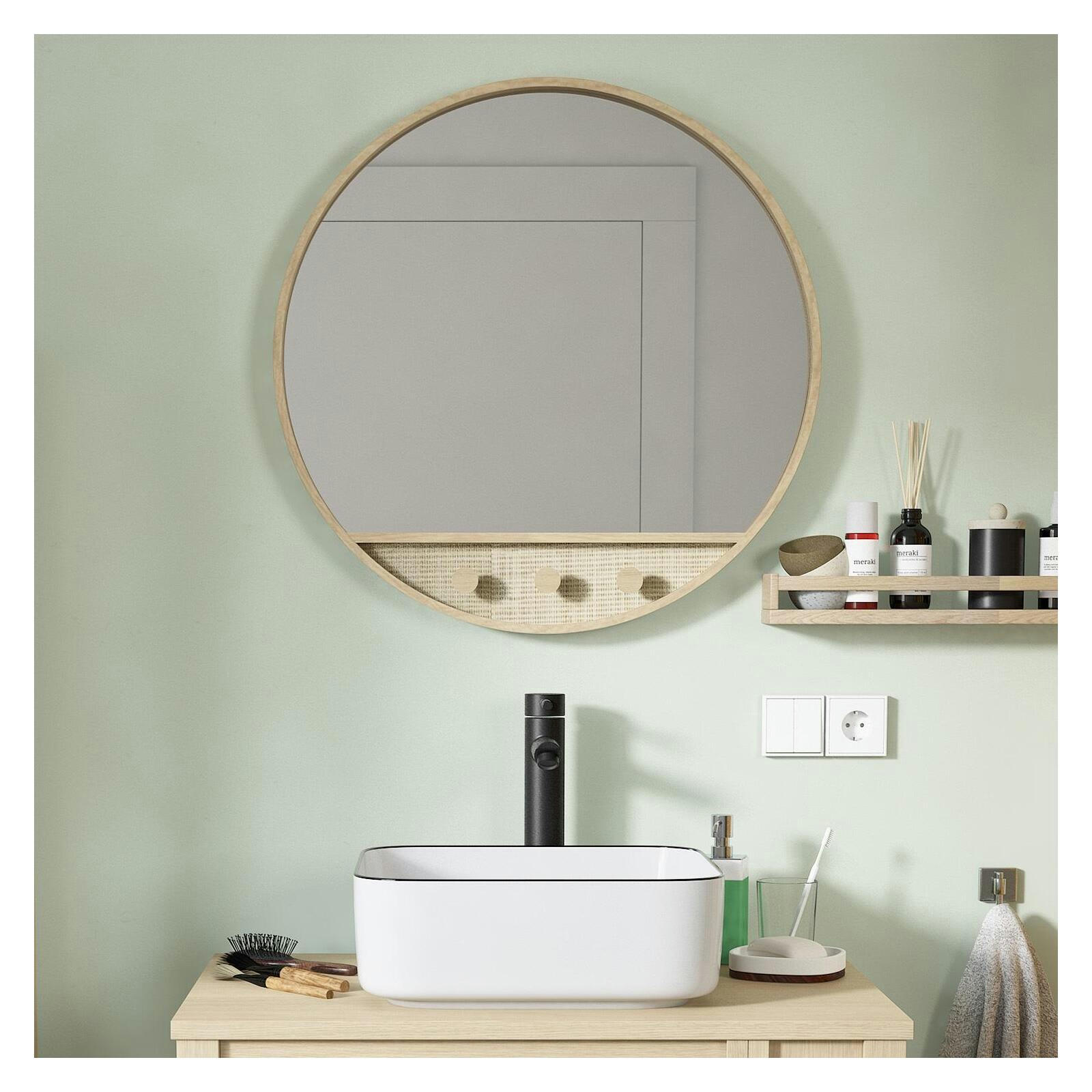 NESTO - Miroir rond chêne et cannage 60 cm