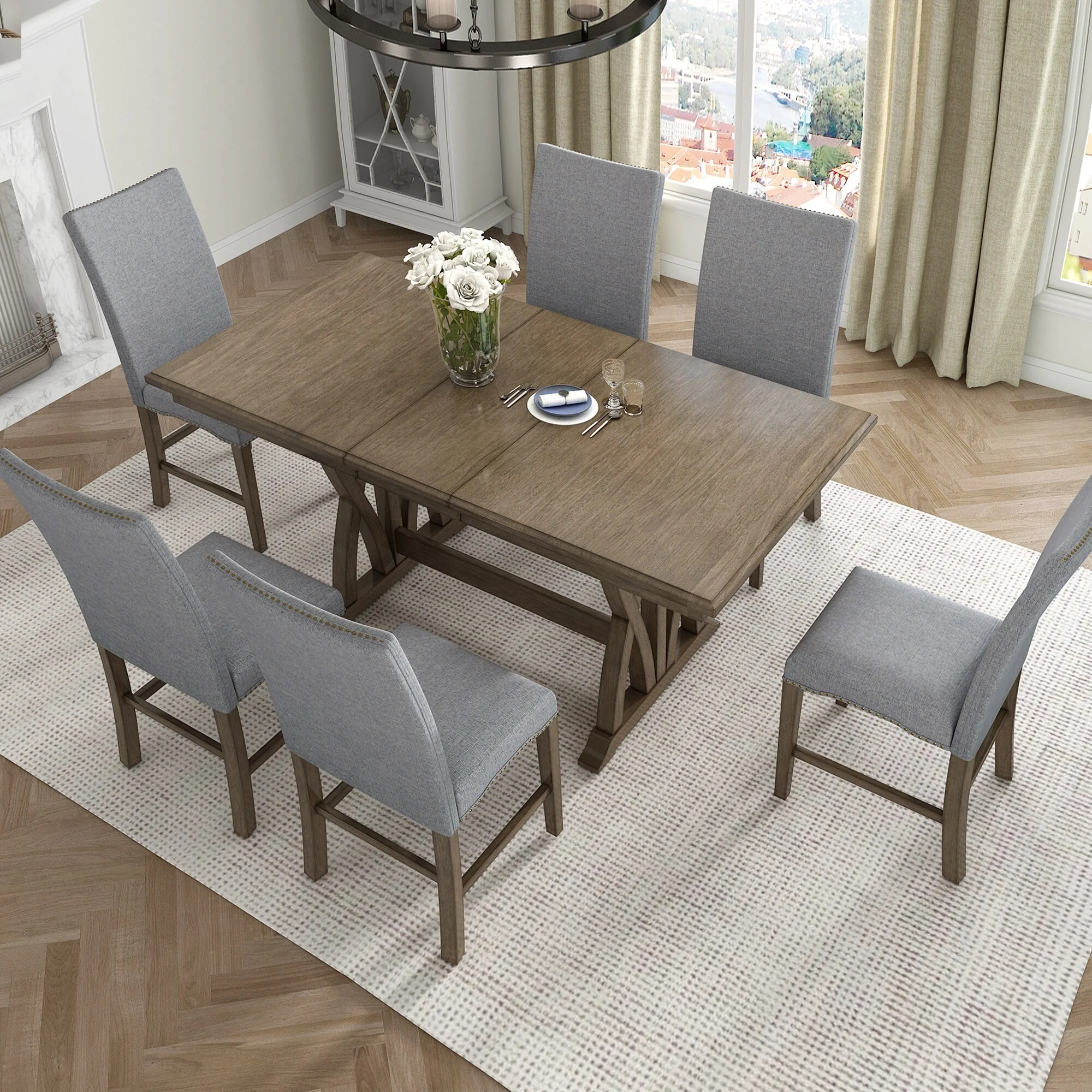 Roomfitters Mid-Century 7-Piece Extendable Wood Dining Table Set with Upholstered Chairs and 12 Leaf, Gray