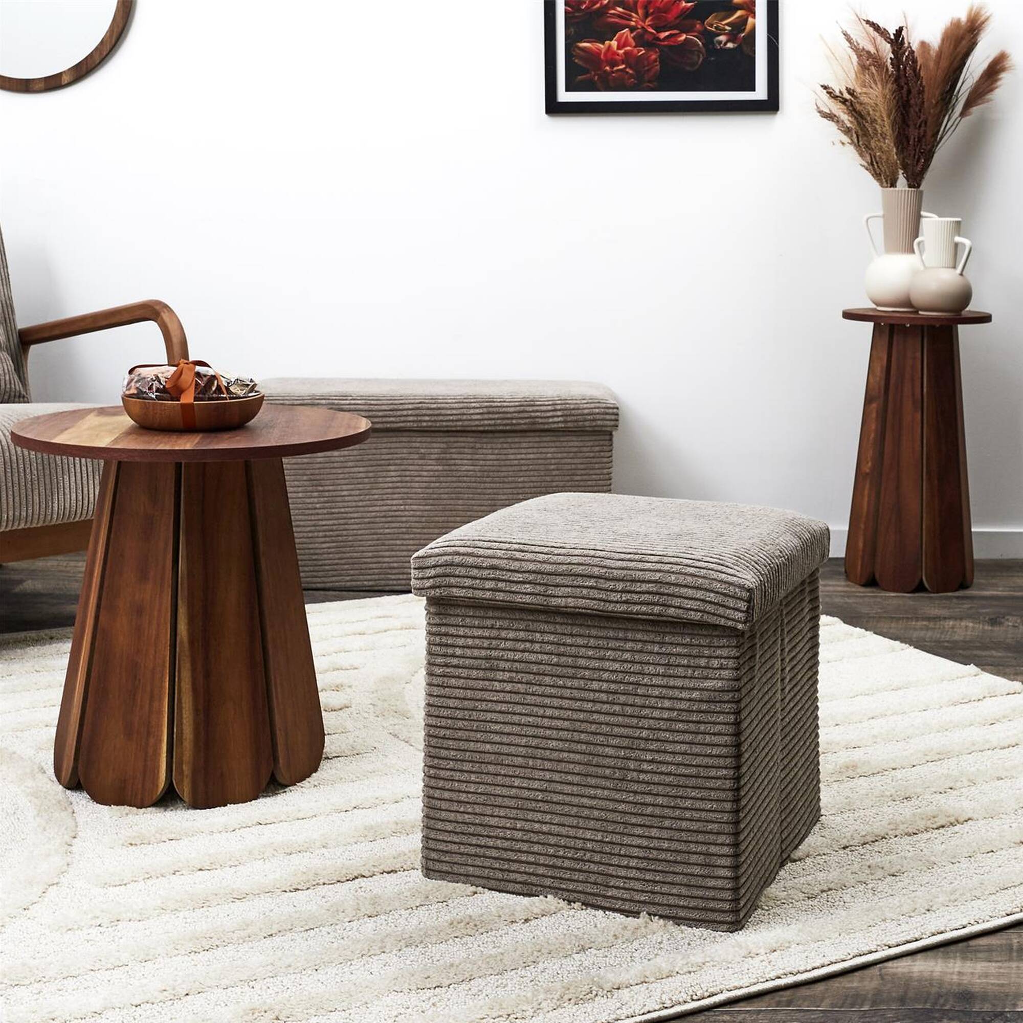Coffre-pouf pliable, rev&ecirc;tement tissu c&ocirc;telé