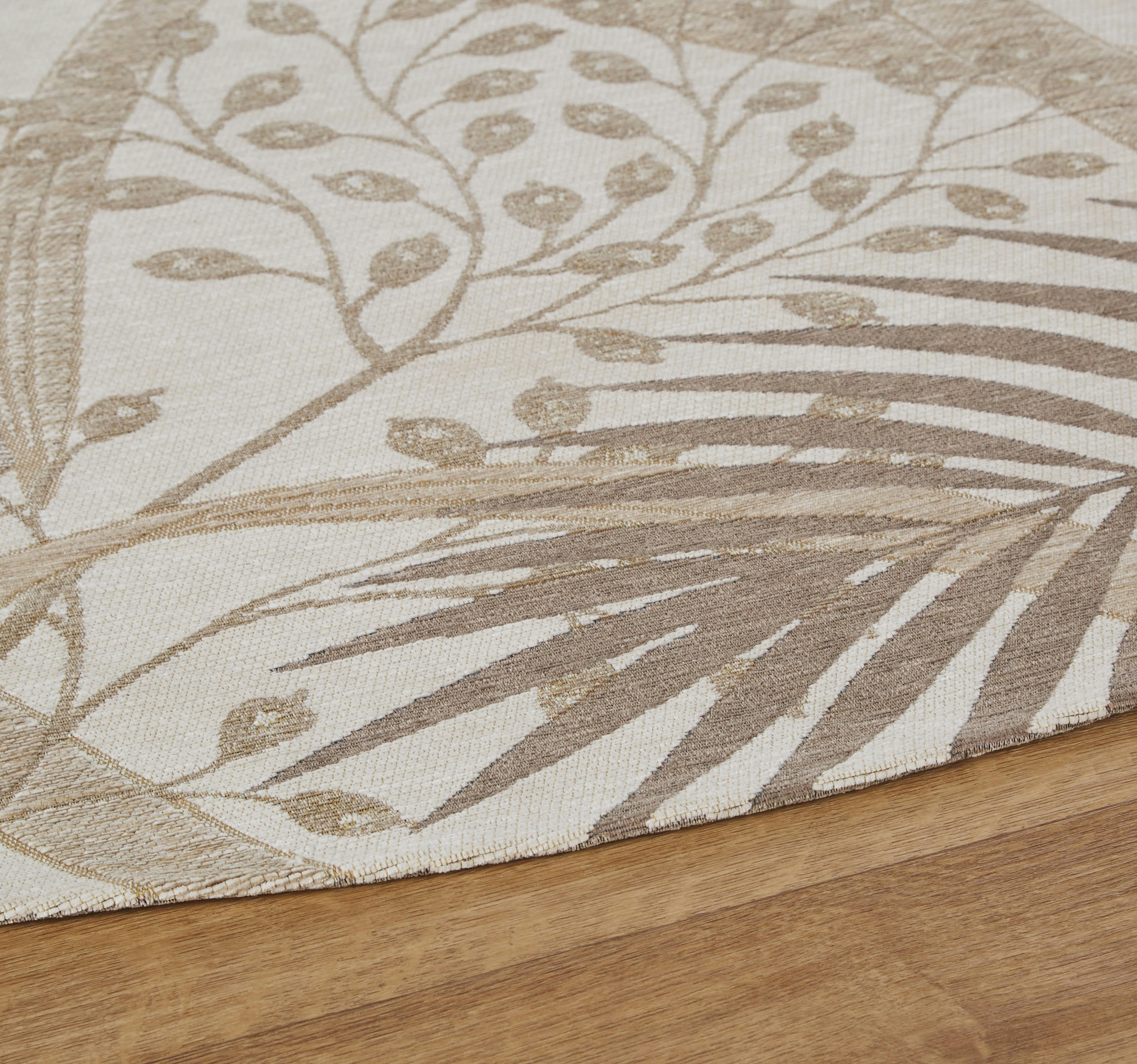 KALINDA - Tapis rond tissé jacquard motif feuillage beige D200